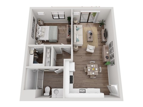 A top-down view of a small apartment with a kitchen, living room, and bathroom.